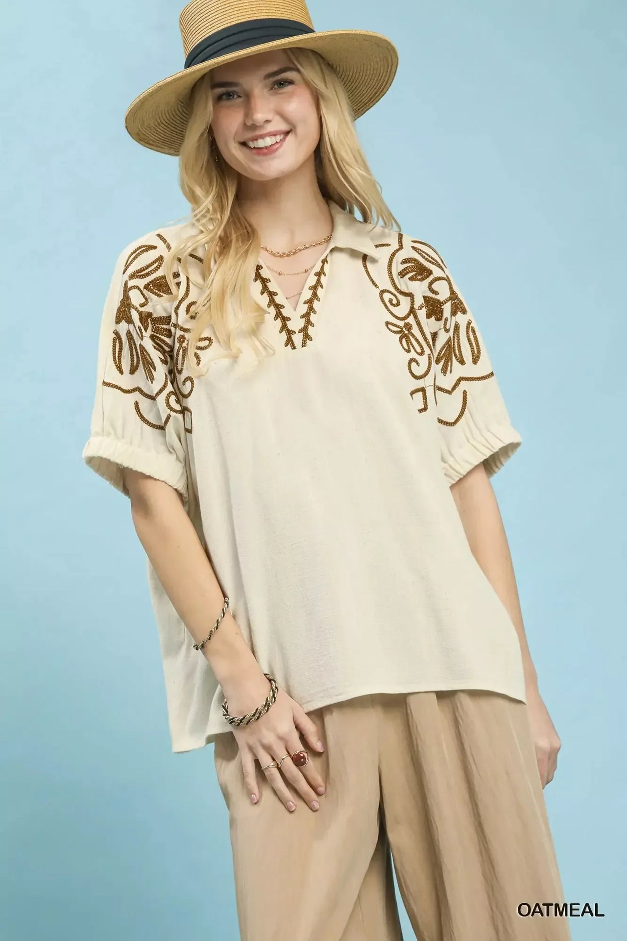 Umgee Floral Embroidered Sleeve Blouse