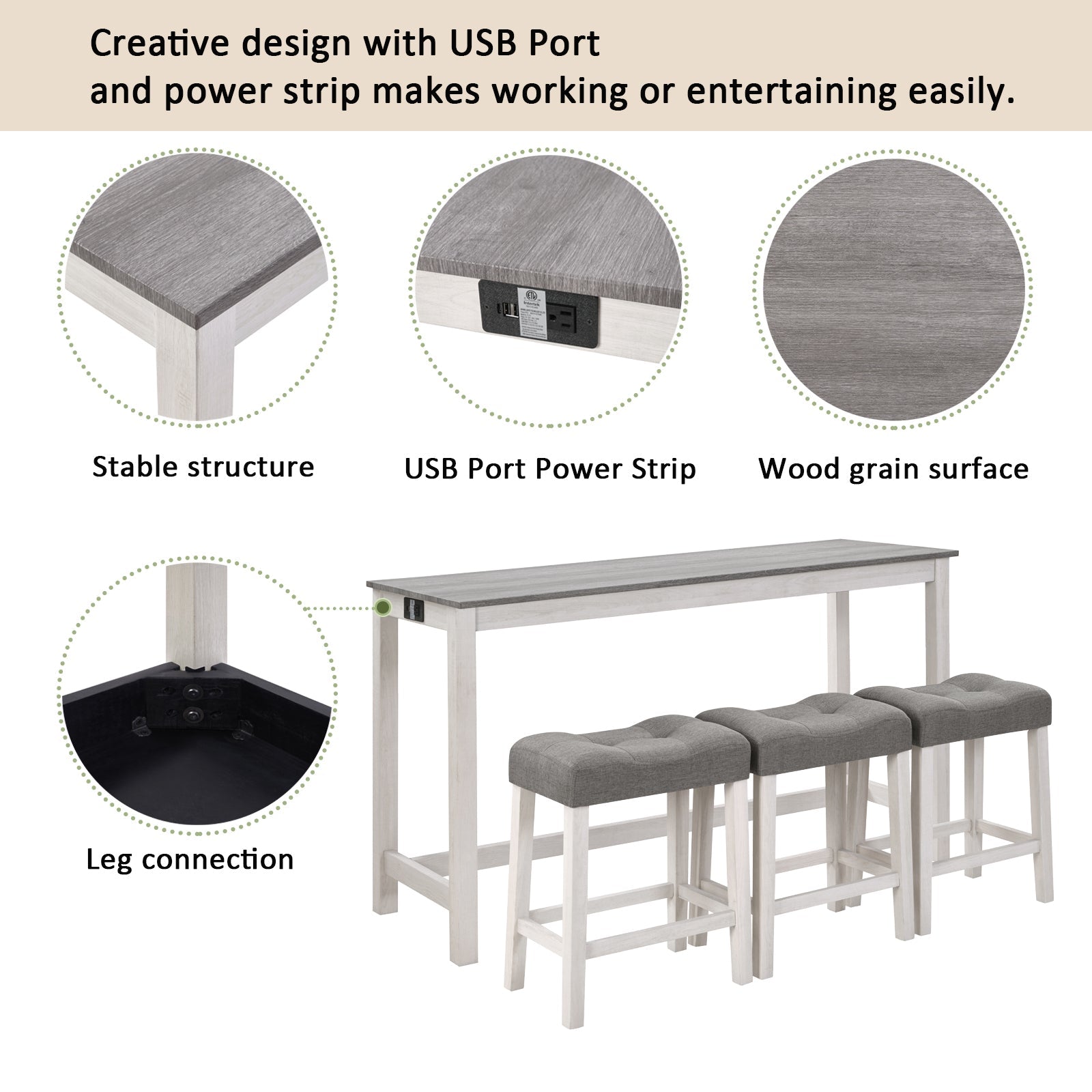 4 Piece Bar Table Set with Power Outlet,Bar Table Set with Chairs,Sofa Bar Table with Stools,Behind Couch Table with 3 Padded Stools,for Living Room,Dining room, White & Grey