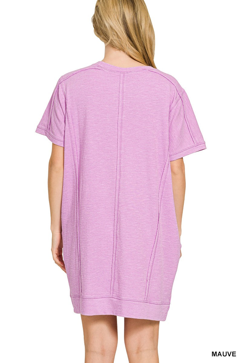 Zenana Washed Slub Short Sleeve Dress With Pockets
