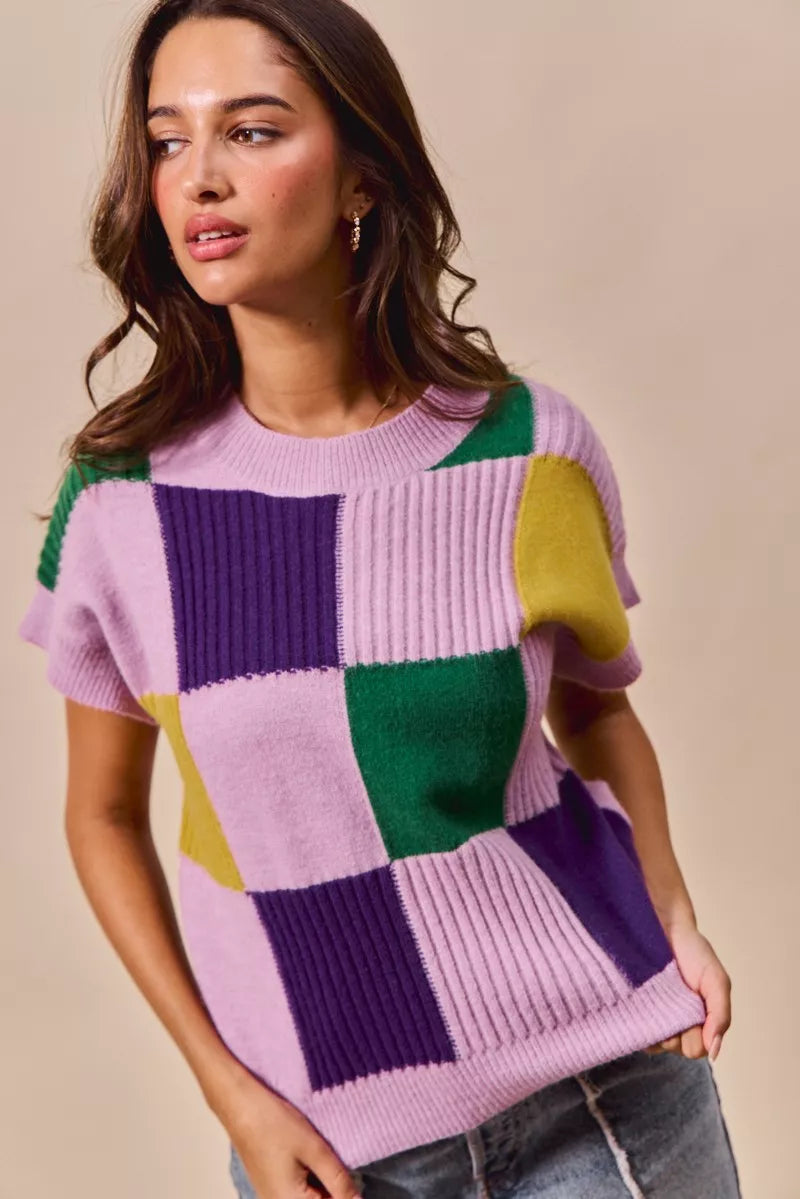 SO ME Mardi Gras Check Plaid Casual Sweater Top