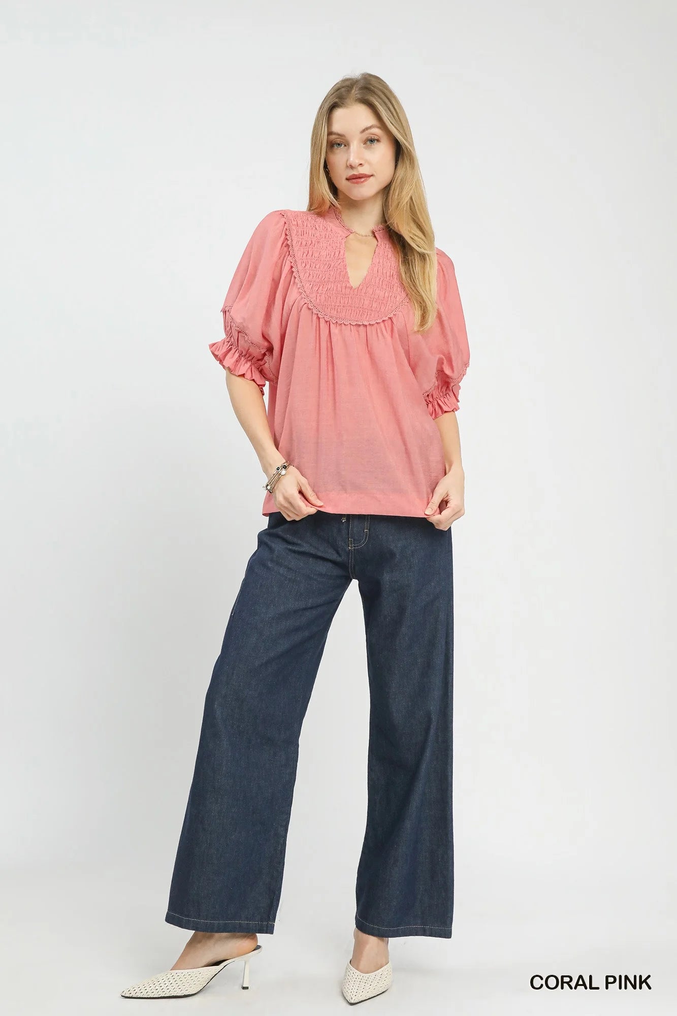 Umgee Smocked Yoke Blouse with Ruffle Sleeves