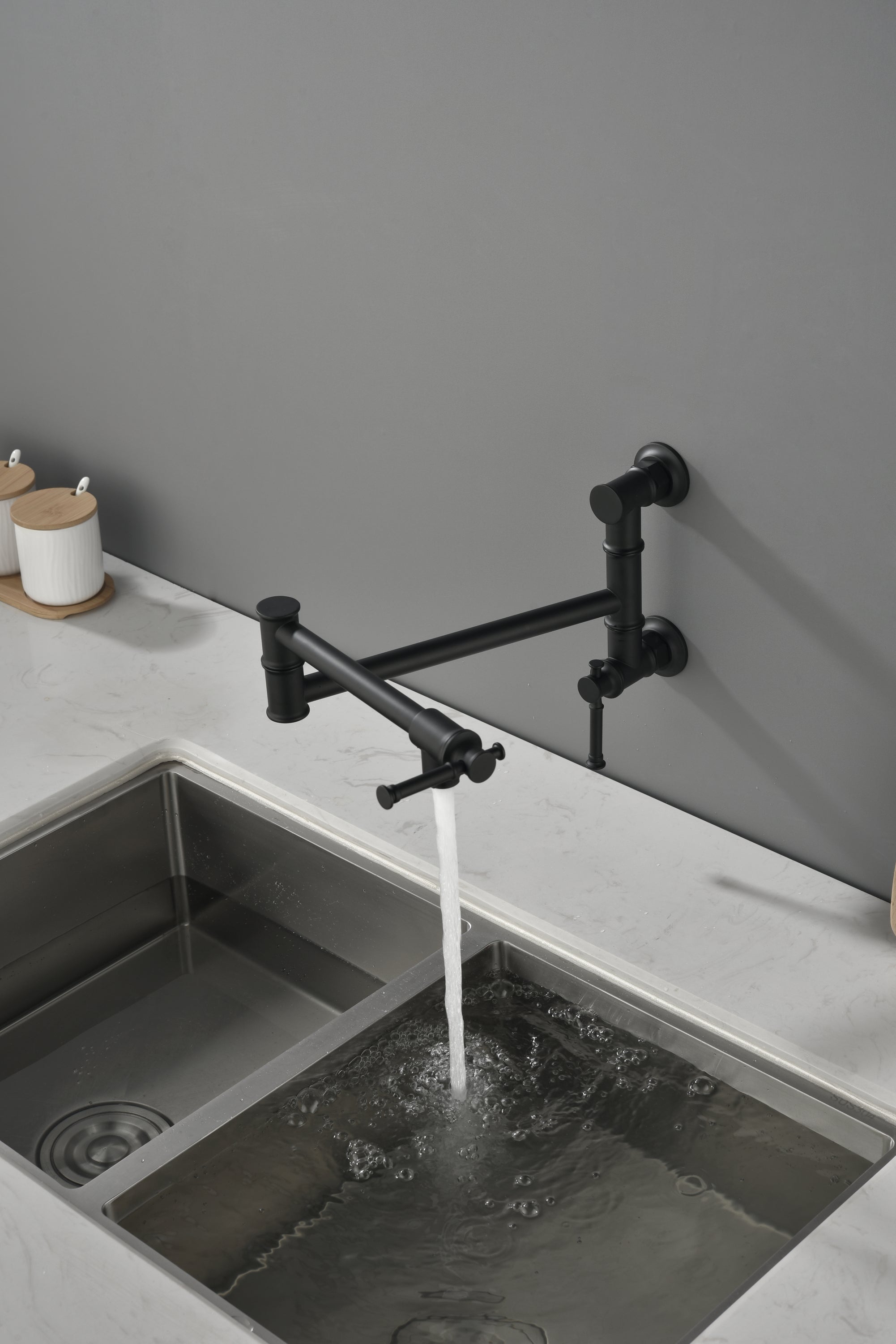 Wall mounted Pot Filler Faucet, Modern Brass Pot Filler Two-Attachment Wall Mount Folding Kitchen Pot Filler Swing Arm