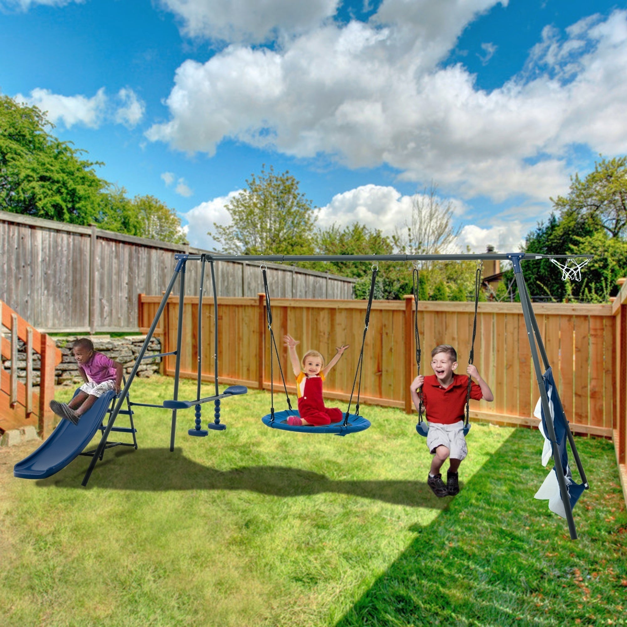 Multi unit Saucer Swingset with Mini Slide and Net Swing Grey Blue Steel Outdoor Playground 31.5in