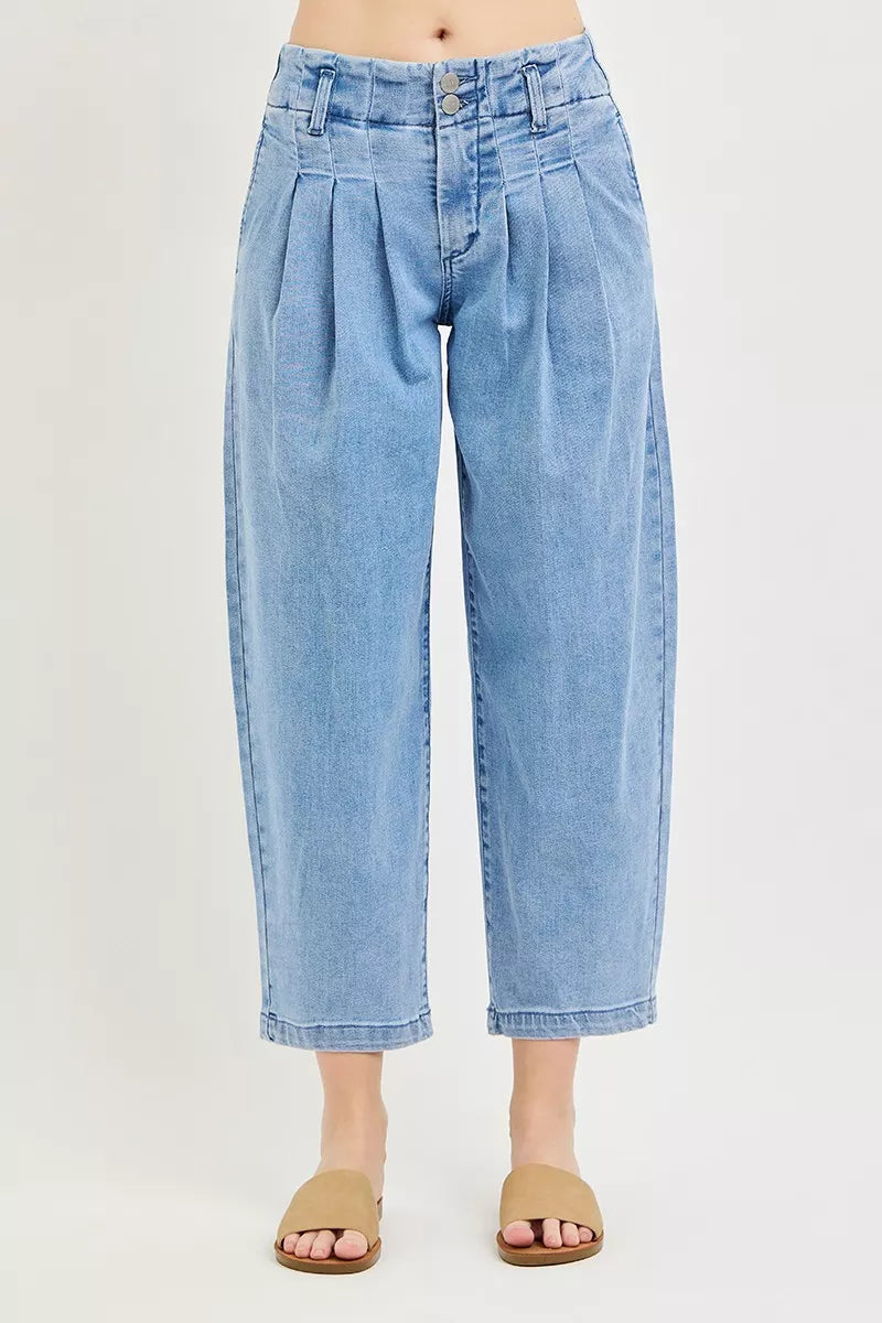 RISEN Slouchy Crop Barrel Pleated Jeans