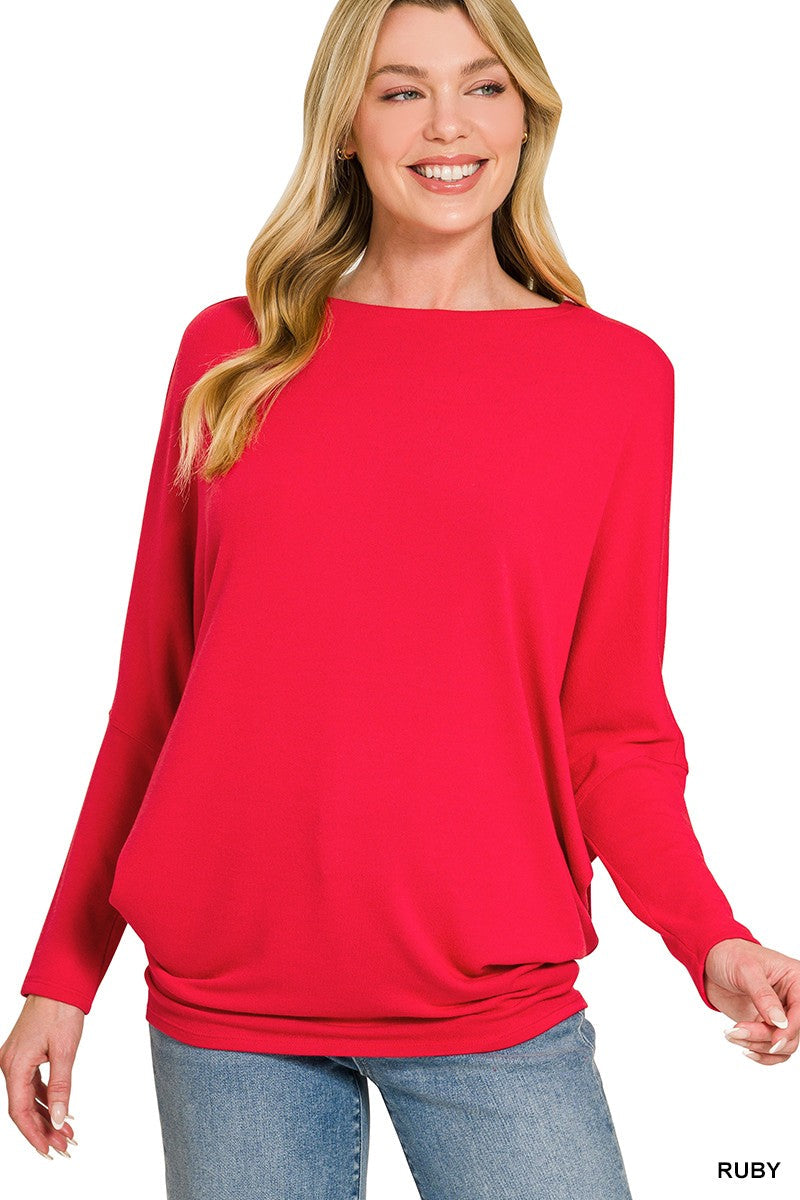 Zenana Hacci Dolman Sleeve Boat Neck Top