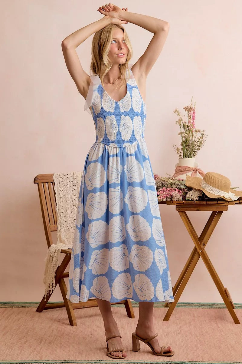 SO ME Shell Smocked Bodice Shoulder Tie Lined Midi Dress