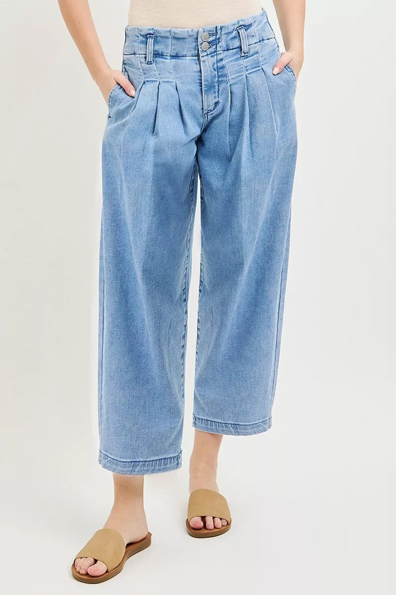 RISEN Slouchy Crop Barrel Pleated Jeans