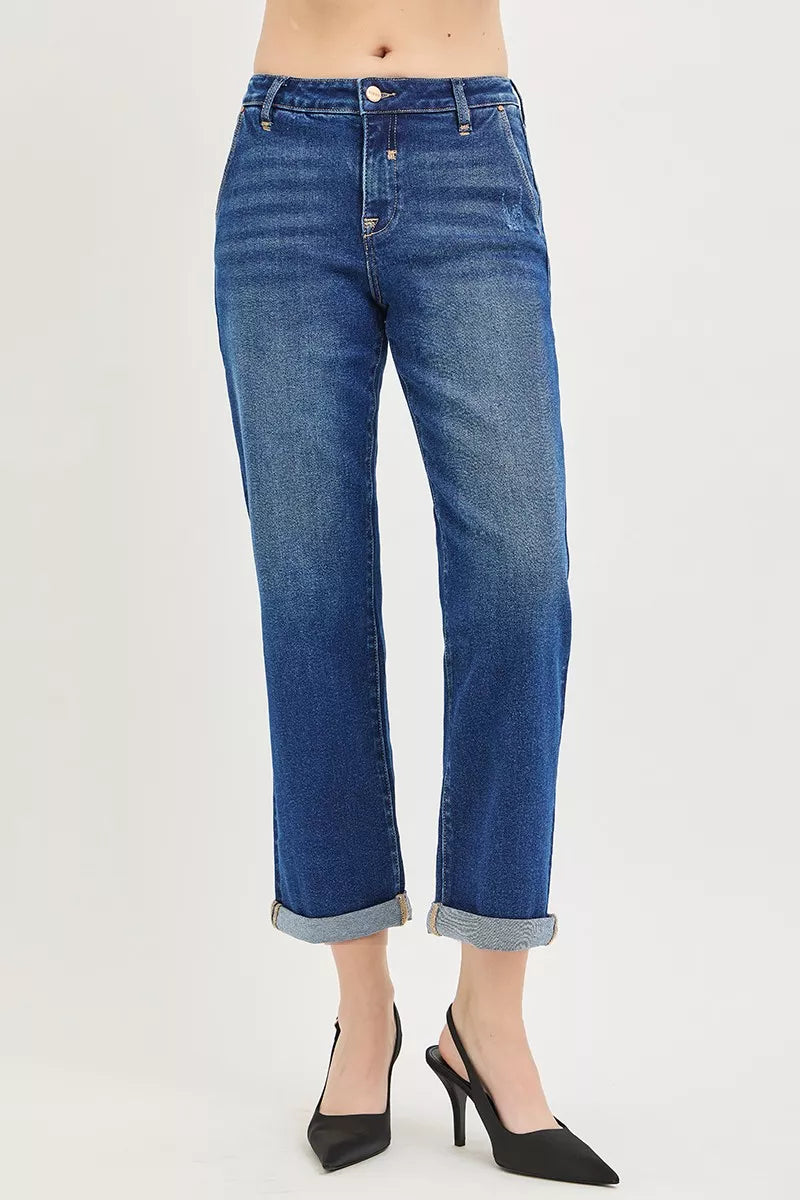 RISEN Slouchy Cropped Boyfriend Jeans with Cuffed Hem
