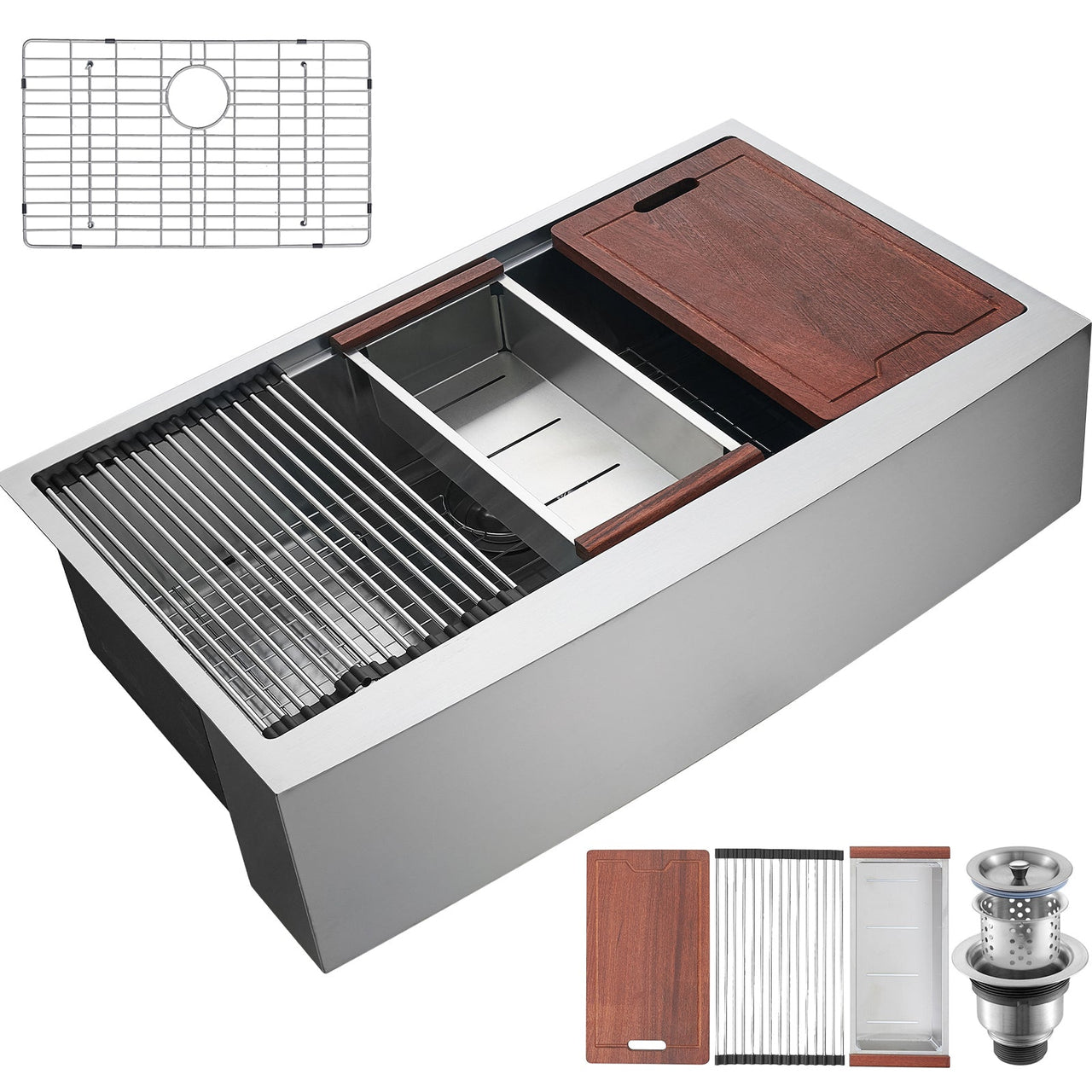 Farmhouse Kitchen Sink, 304 Stainless Steel Drop-In Sinks, Single Bowl Basin with Ledge & Accessories, Household Dishwasher Sinks for Workstation, Prep Kitchen, and Bar Sink, 33 inch