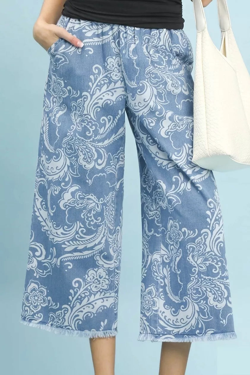 Umgee Stone Wash Wide Leg Crop Pants