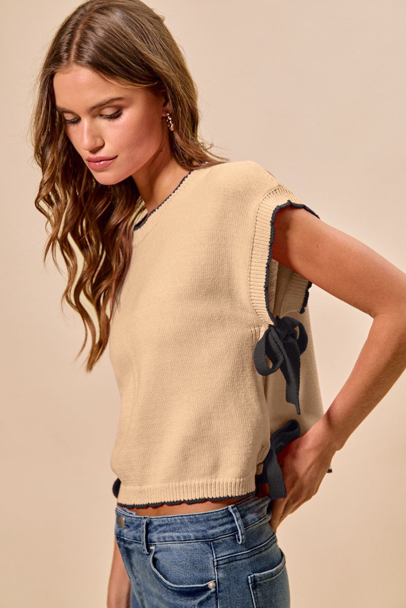 SO ME Lightweight Sweater Dolman Side Ribbon Tie Top