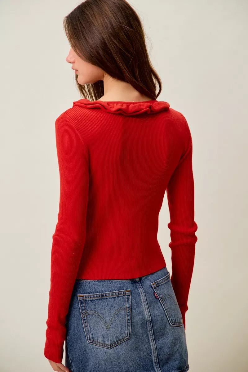 SO ME Cascade Ruffle Ribbed Sweater Cardgian