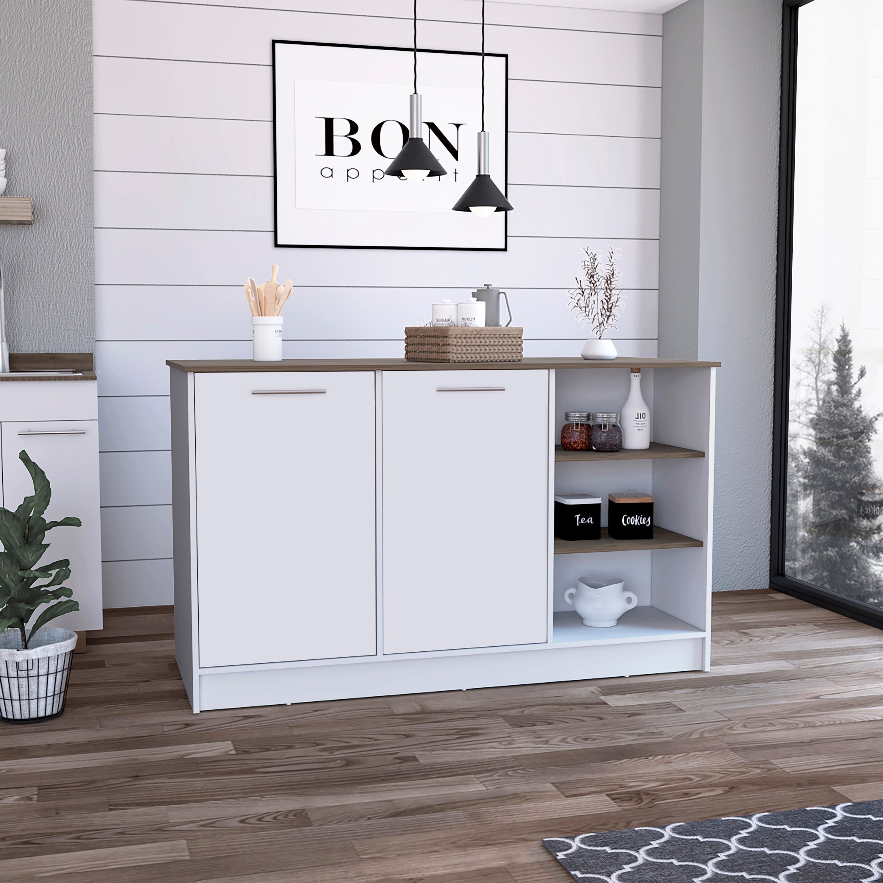 Kitchen Island Two Cabinets, Three Open Shelves, White / Dark Brown