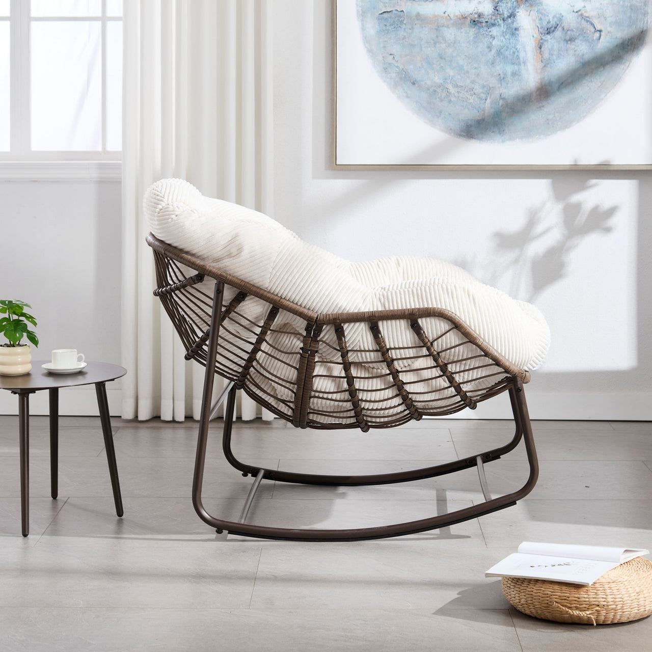 Outdoor Rattan Rocking Chair,Padded Cushion Rocker Recliner Chair Outdoor for Front Porch, Living Room, Patio, Garden, 
White
