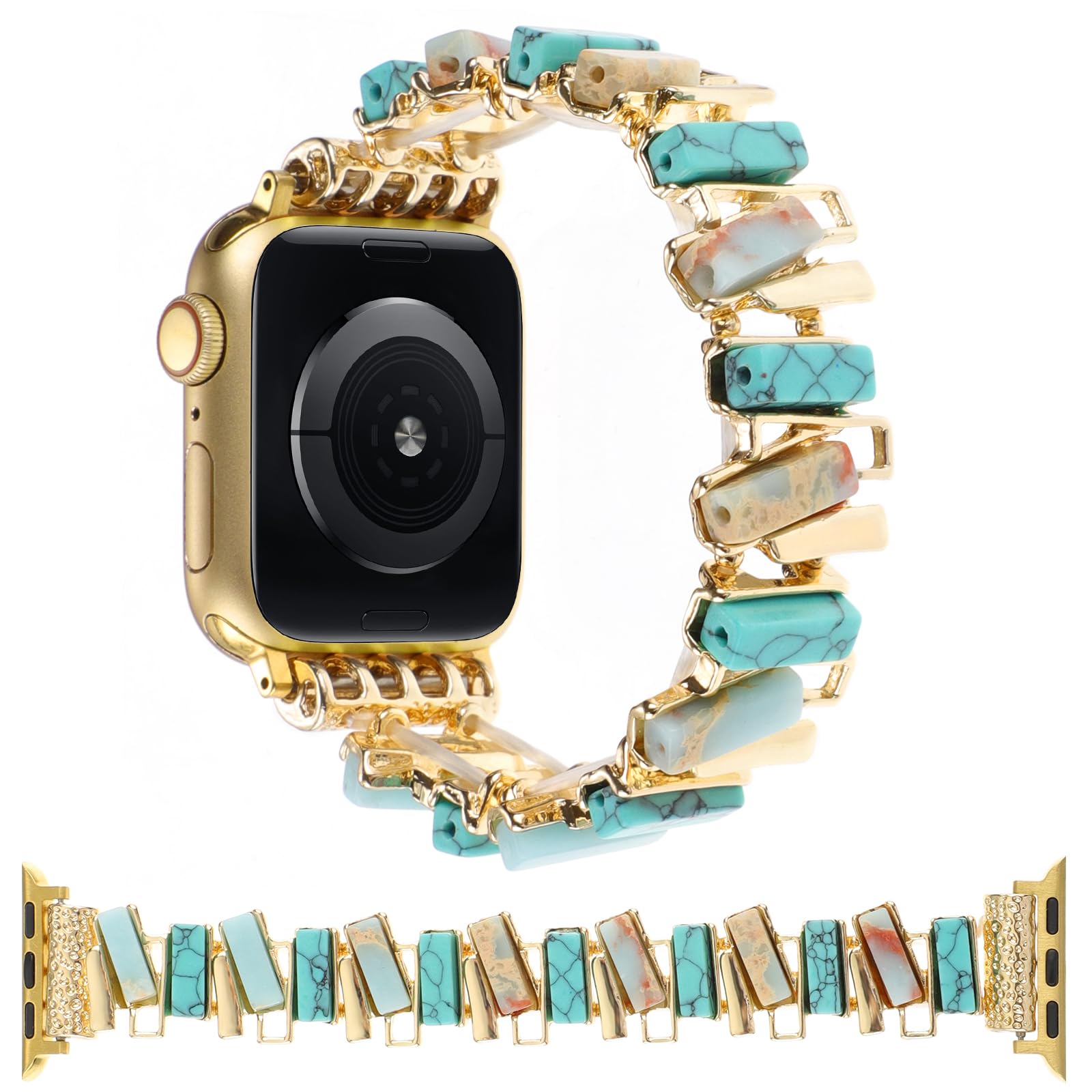 YOSWAN Boho Stone Bracelet Compatible with Apple Watch Band 41/40/38/42/44/45/49mm Women Handmade Stretchy Solo Loop Natural Stone Beaded Strap for iWatch Series 9 8 7 6 5 4 3 2 1 SE/Ultra (42/44/45/49mm-L(6.5