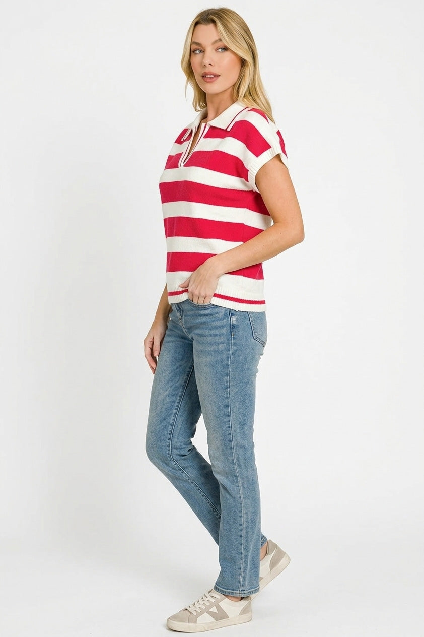 Zenana Striped Collared Short Sleeve Sweater