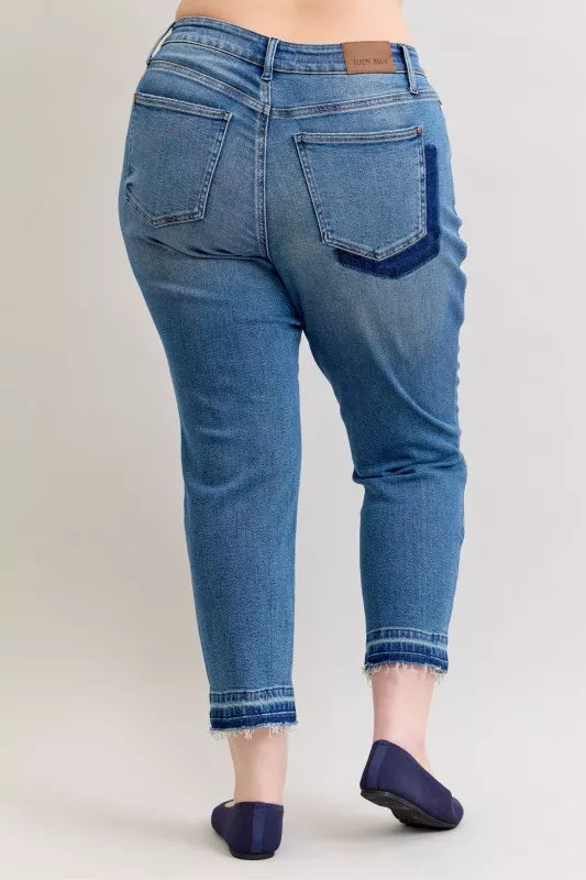 Judy Blue Full Size Mid Rise Bf Patch & Repair Destroyed Release Hem Jeans Plus Size