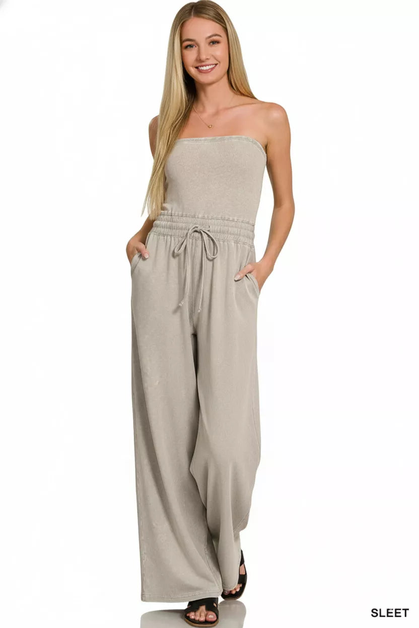 Zenana Acid Washed Strapless Tube Top Jumpsuit