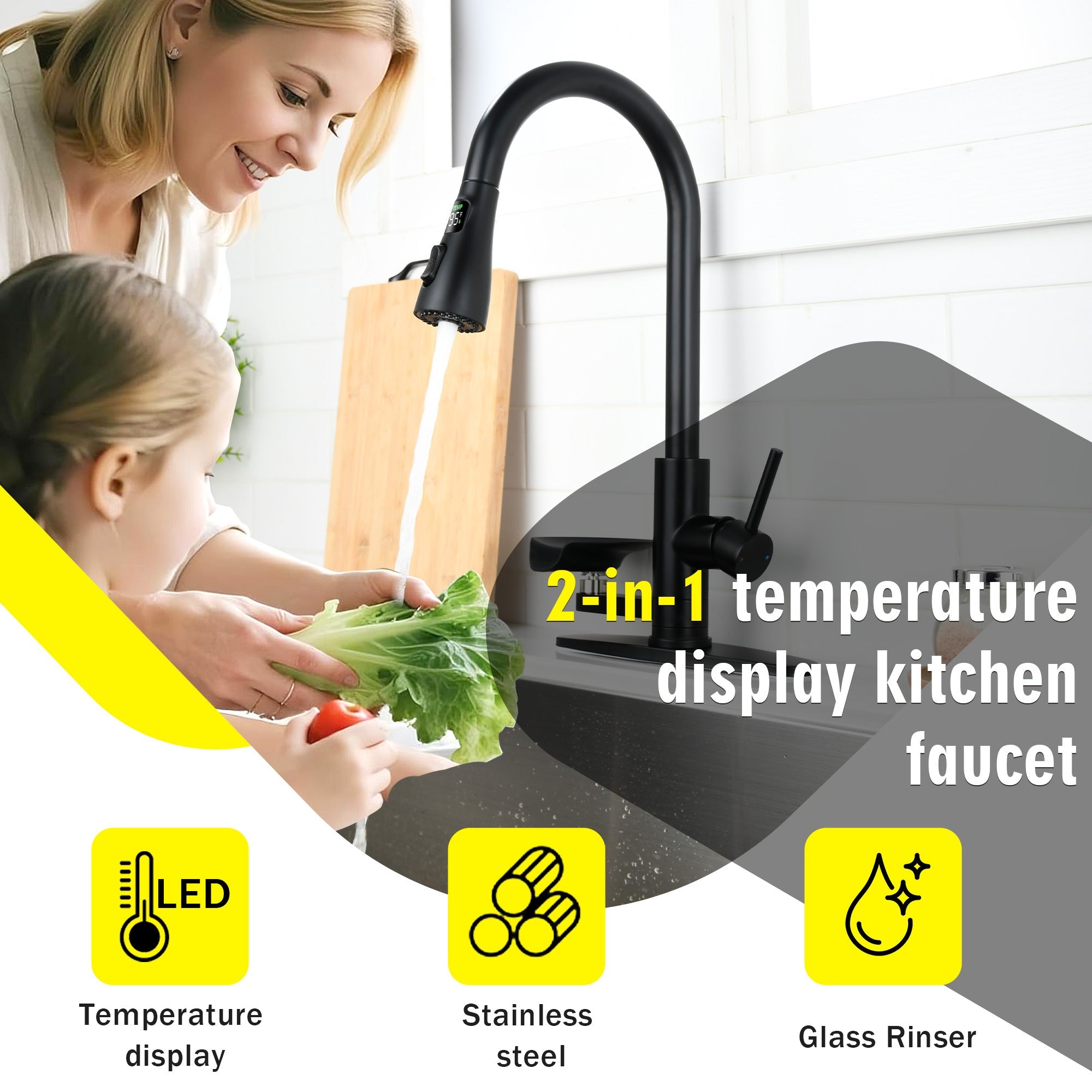 3-in-1 Matte Black Kitchen Faucet with LED Temperature Display, Press-Type Glass Rinser, Pull-Down Sprayer, 3 Spray Modes