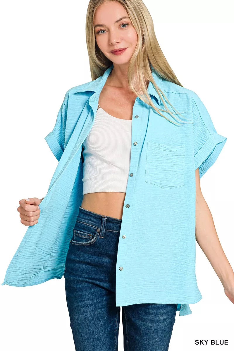 Zenana Woven Airflow Button Down Shirt