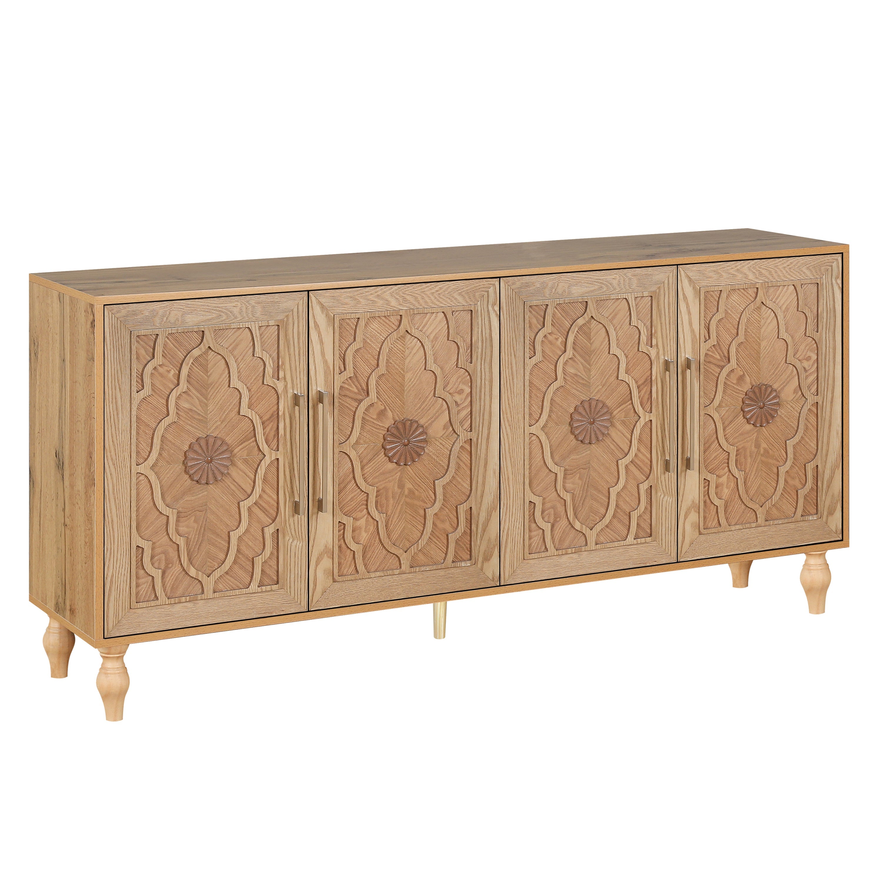 Carved Flower Door Large Storage Cabinet With Metal Handle Suitable For Living Room, Kitchen, Entryway(NATURAL WOOD)