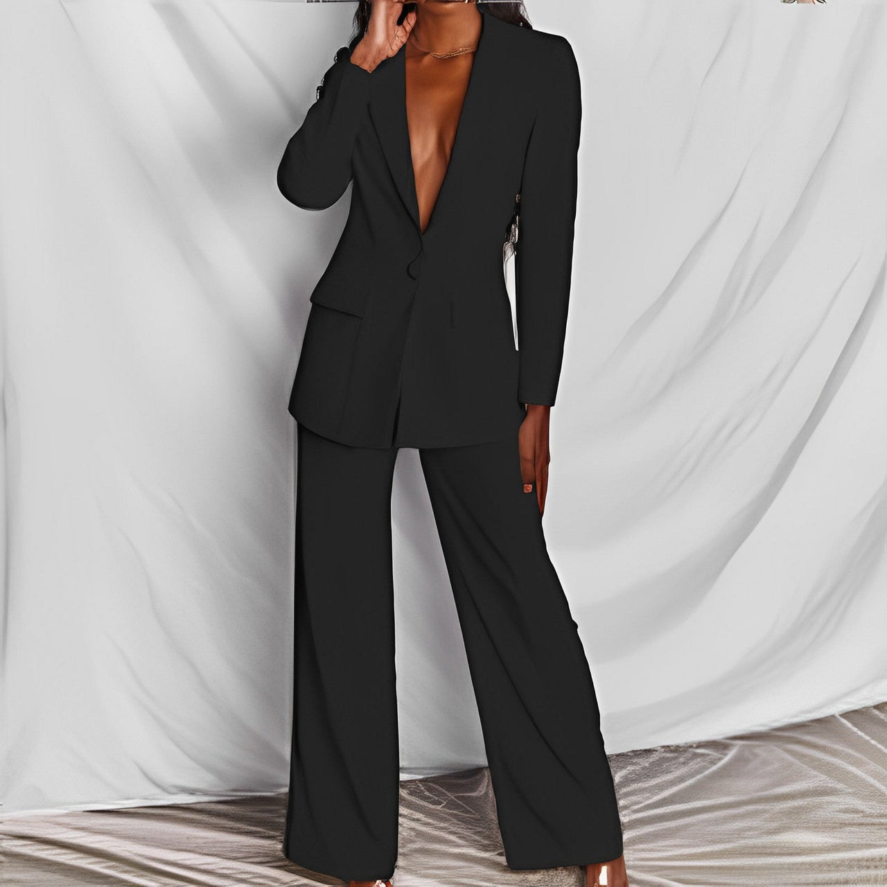 2pcs Casual Suit Lapel Button-down Blazer Jacket And Straight-leg Pants Office Commuting Business Trousers Set Clothing (See size chart where applicable)