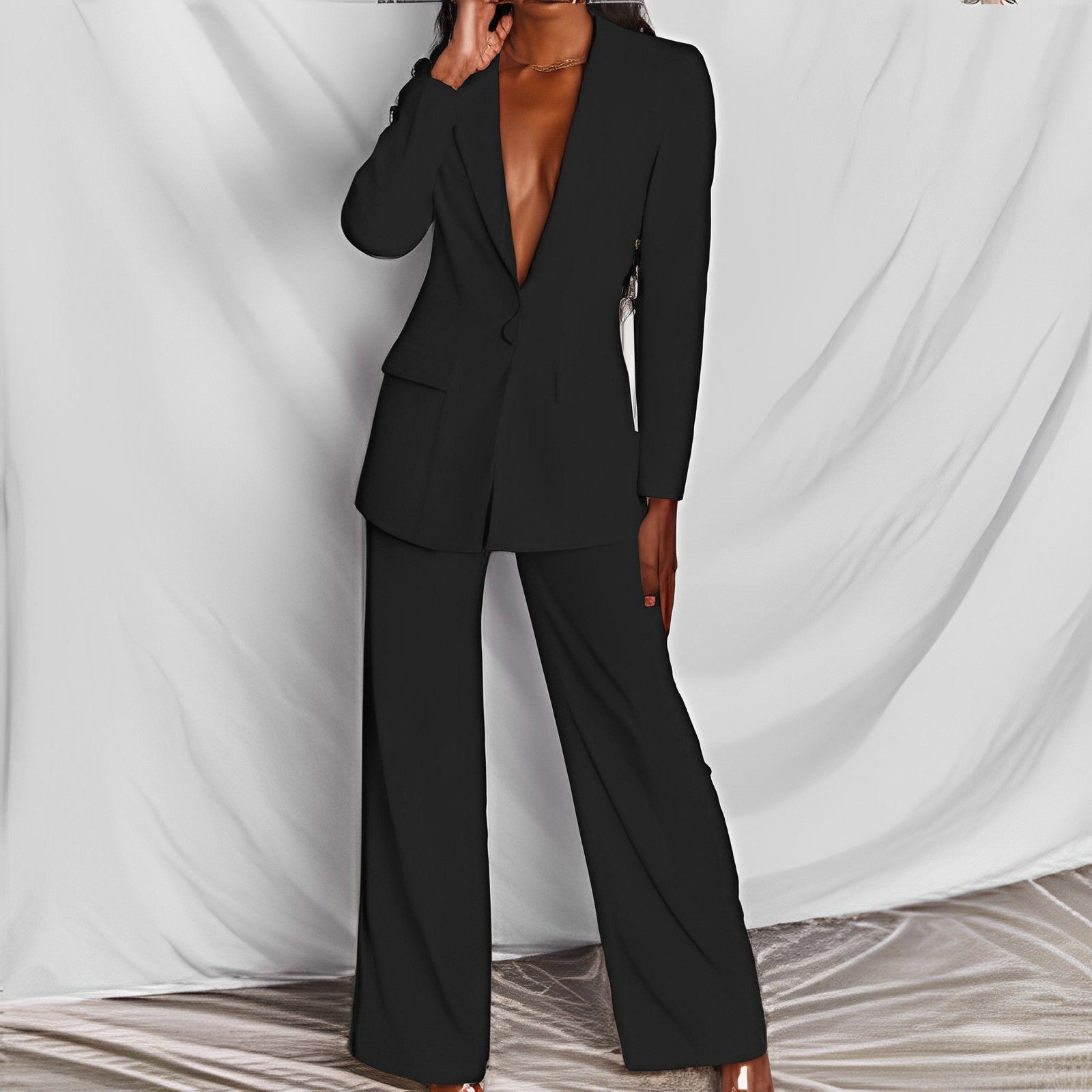 2pcs Casual Suit Lapel Button-down Blazer Jacket And Straight-leg Pants Office Commuting Business Trousers Set Clothing (See size chart where applicable)