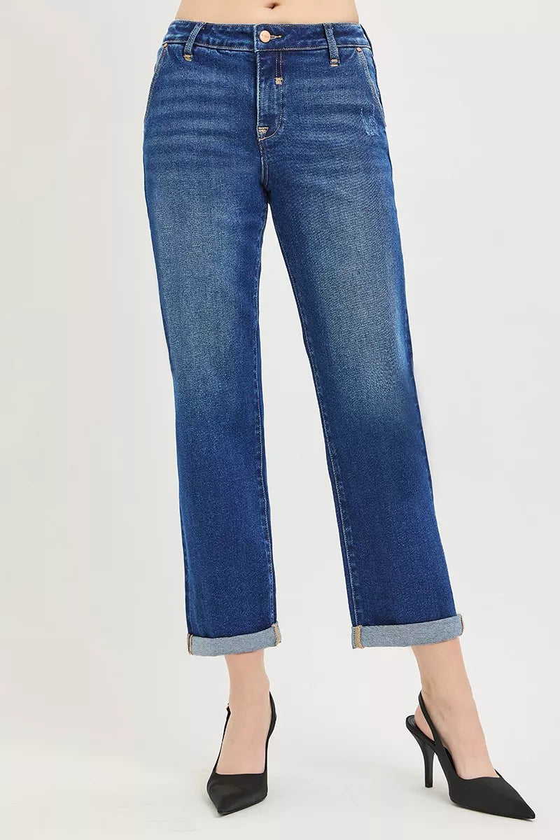 RISEN Slouchy Cropped Boyfriend Jeans with Cuffed Hem