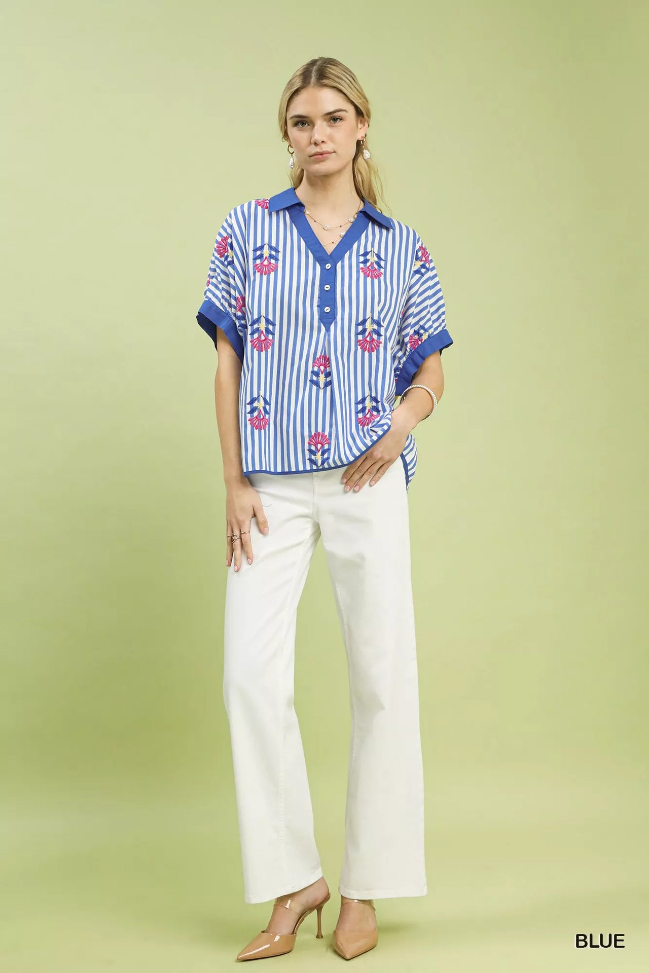 Umgee Stripe Embroidered Button-Front Boho Blouse