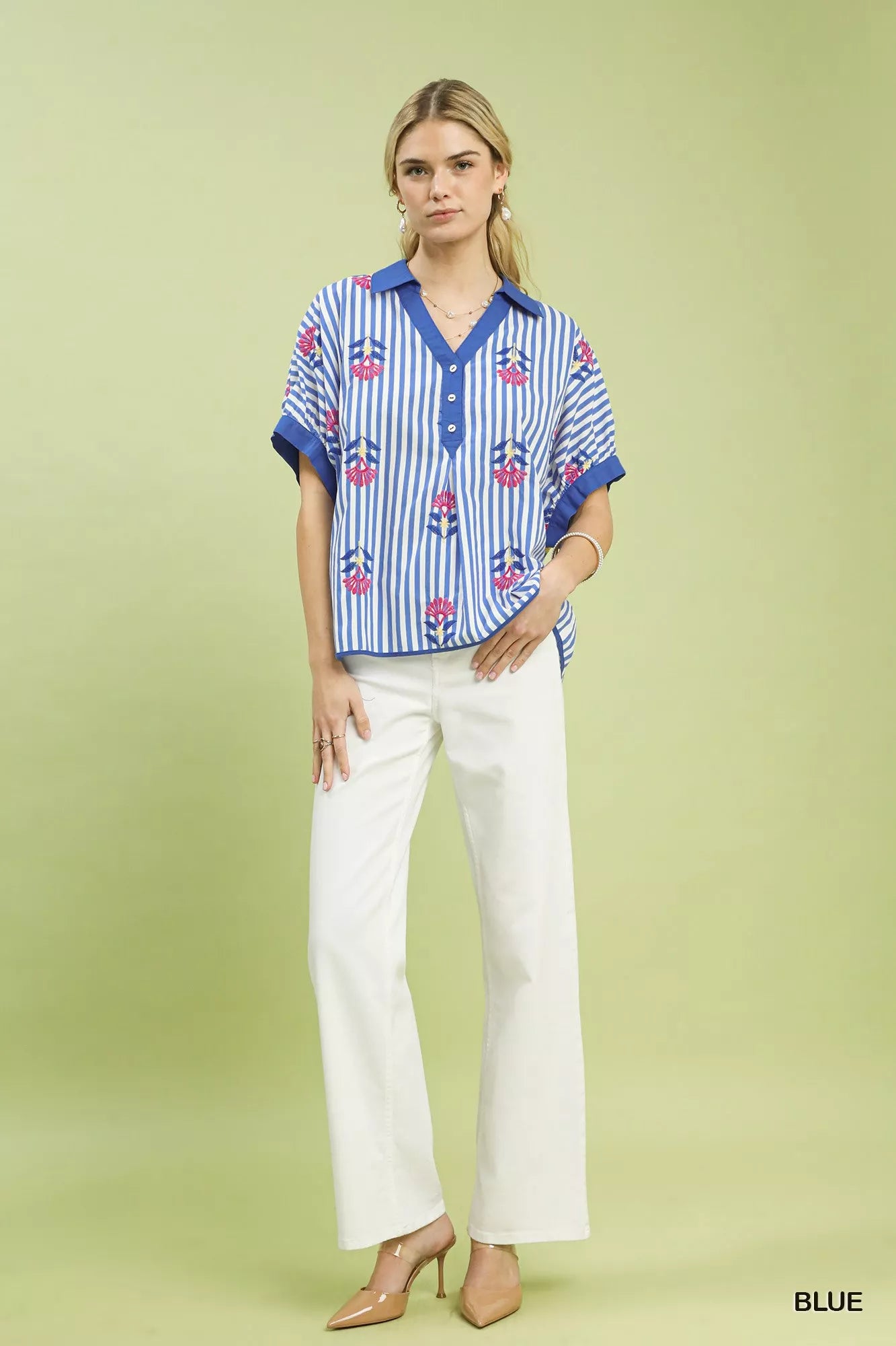 Umgee Stripe Embroidered Button-Front Boho Blouse