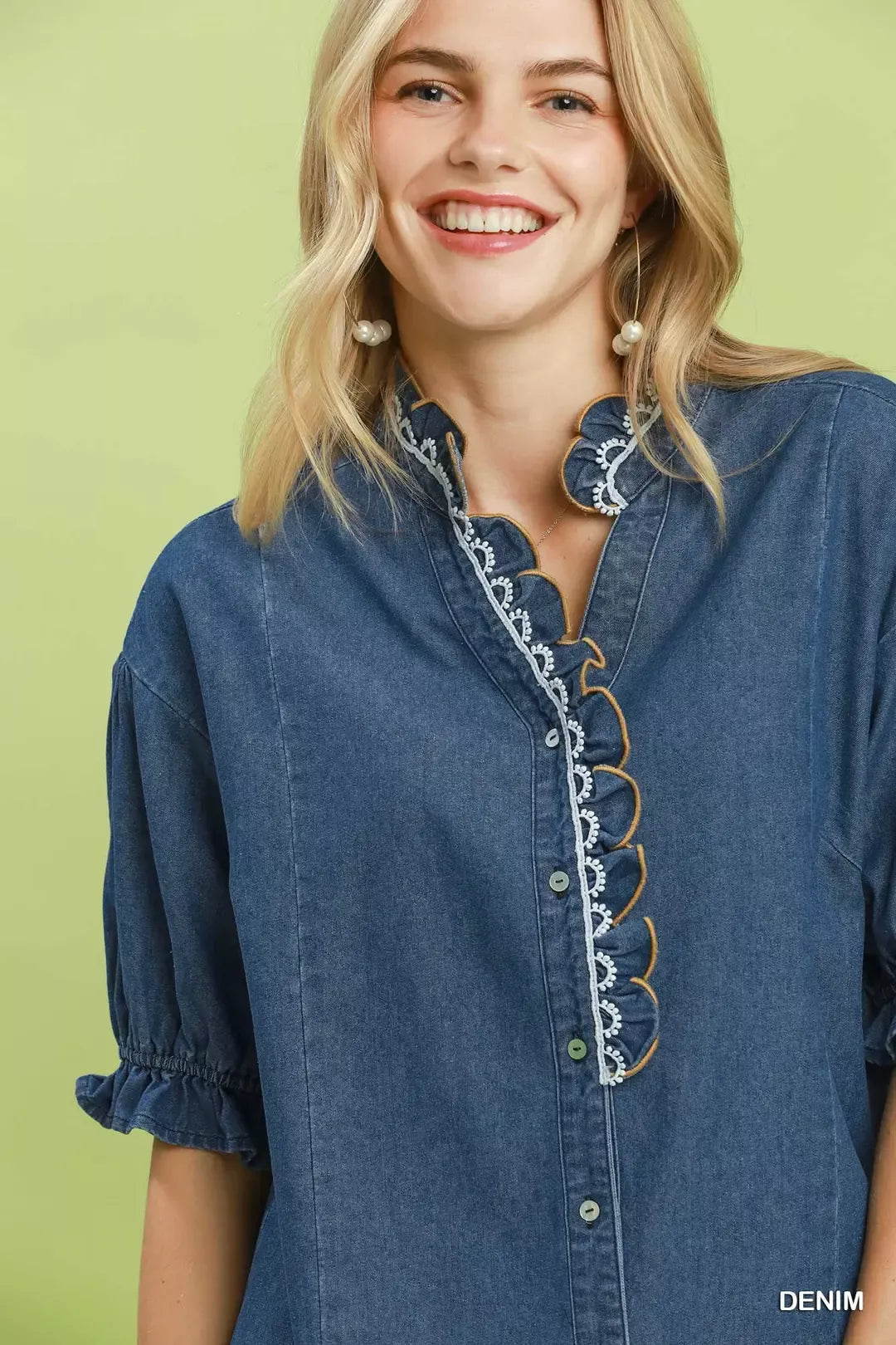 Umgee Chambray Scalloped Trim Button Front Blouse