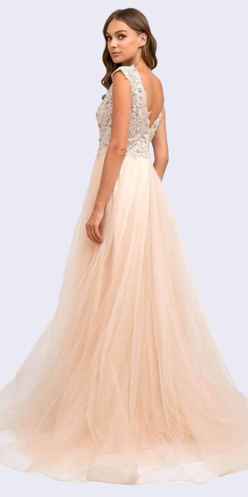 Juliet 684 Cap Sleeved Long Formal Dress with Appliques