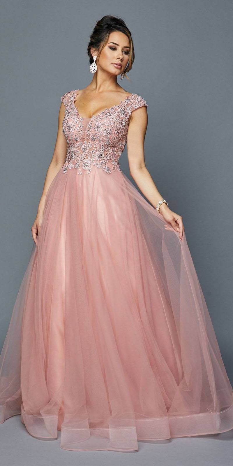 Juliet 684 Cap Sleeved Long Formal Dress with Appliques