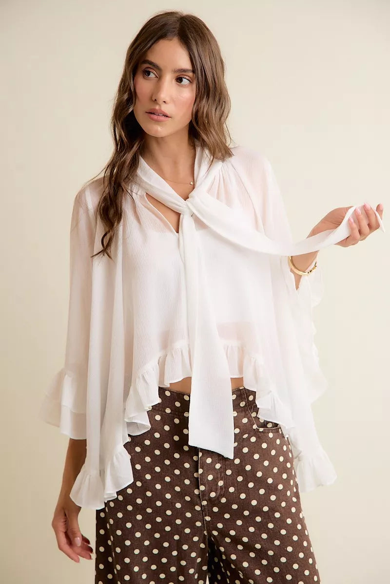SO ME Sheer Ruffle Bell Sleeves Bow Tie Flowy Blouse Top