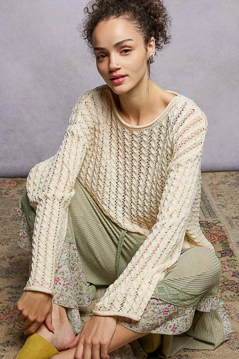 POL Openwork Round Neck Knit Top with Shiny Detail