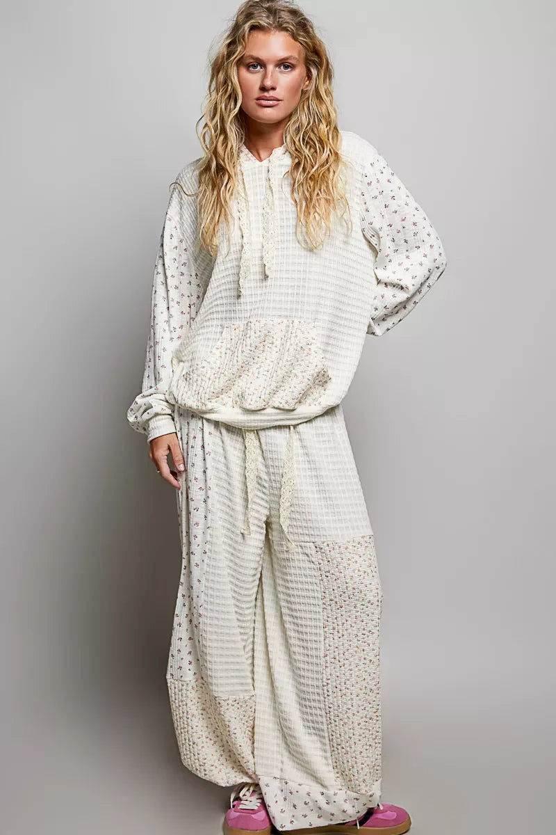 POL Mixed Knit Contrast Print Sleeve Hoodie with Kangaroo Pocket