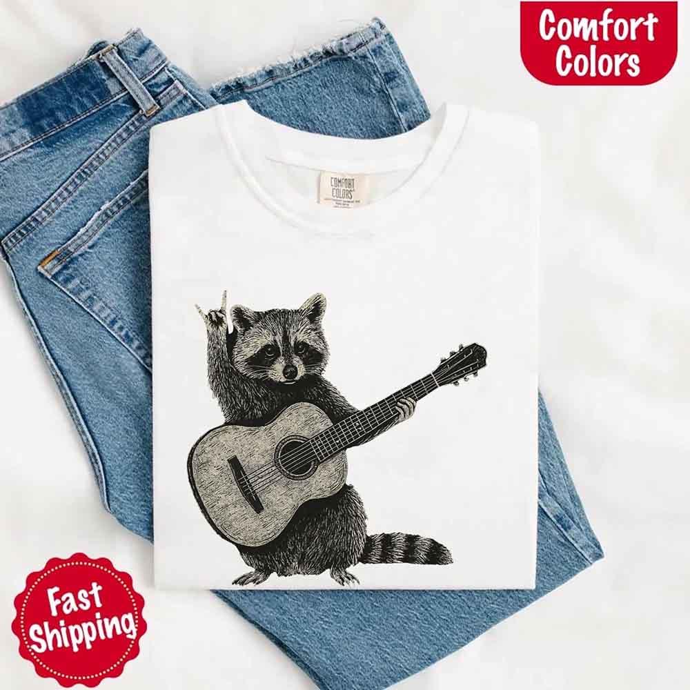 Raccoon Playing A Guitar, Funny Animals Comfort Colors T-Shirt