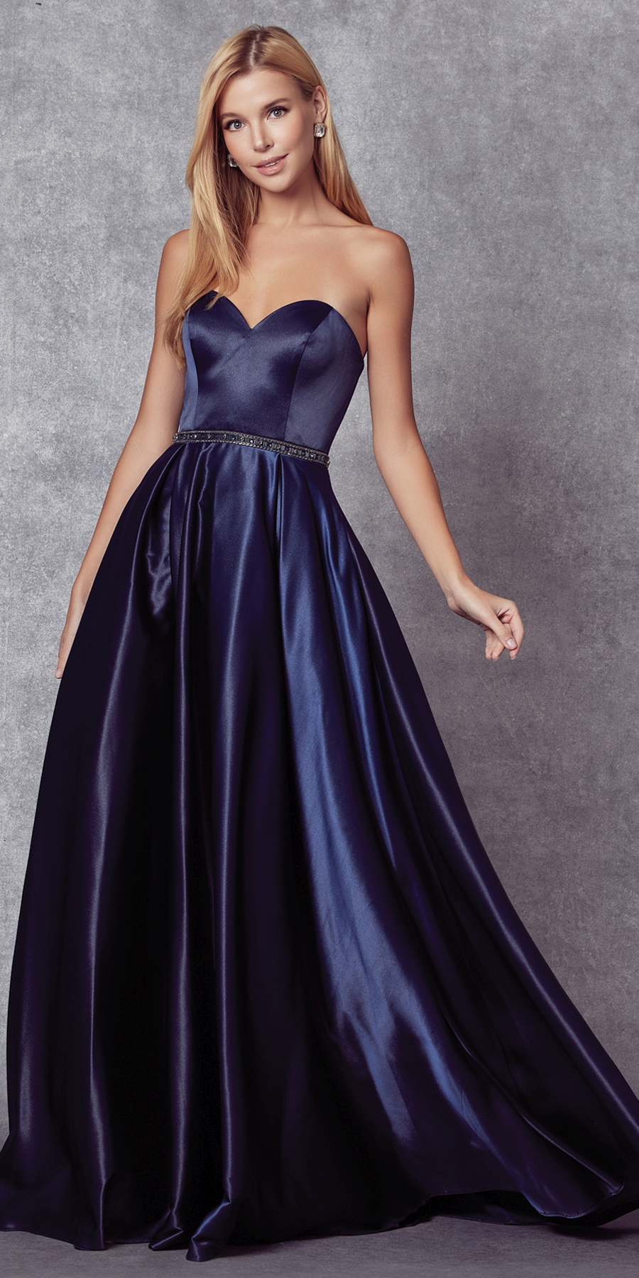 Juliet 688 Floor Length Shiny Satin A-Line Gown Beaded Belt with Pockets