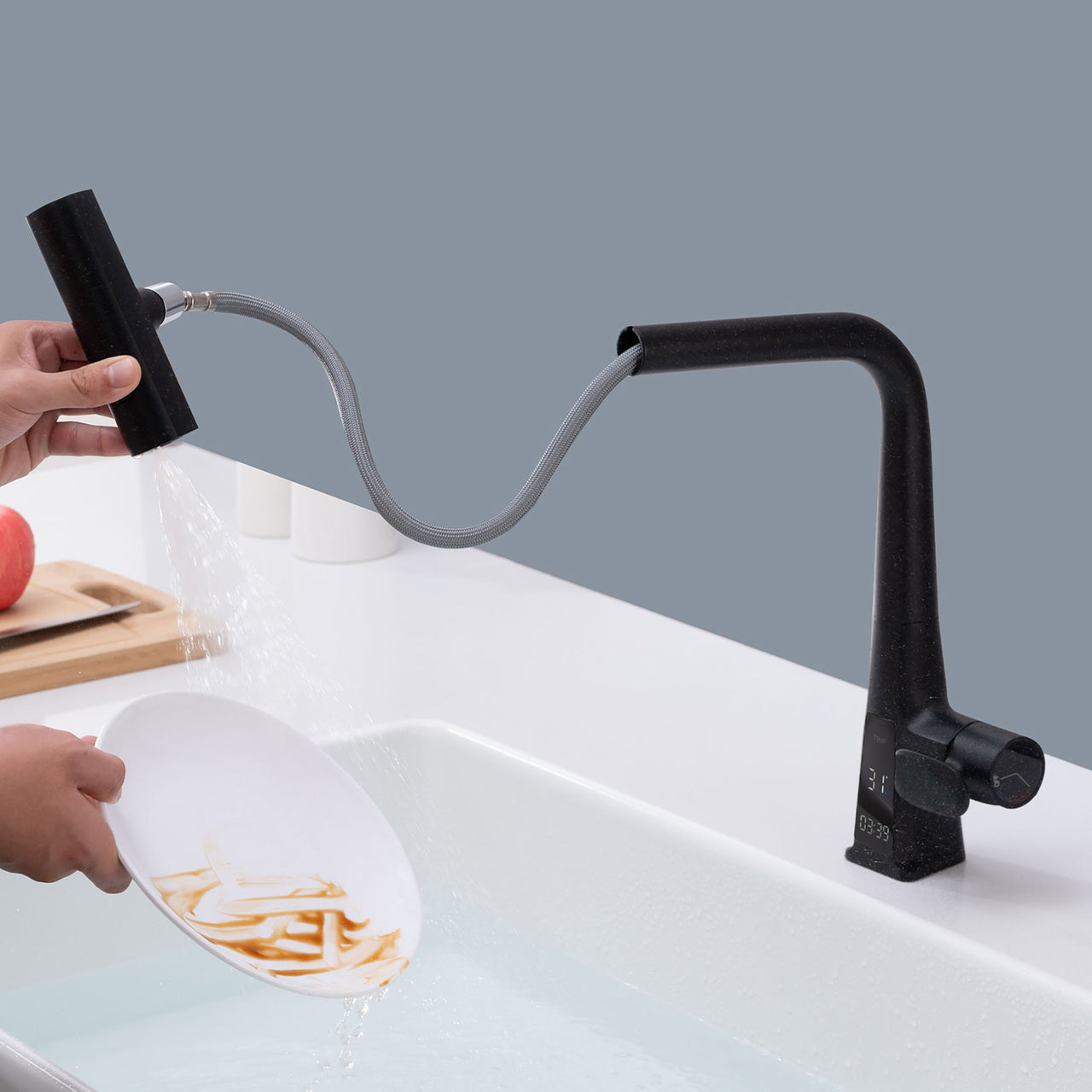 Modern Matte Black Waterfall Kitchen Faucet with Temperature Display and Pull Down Sprayer, Zinc Construction, 15.75-Inch Height