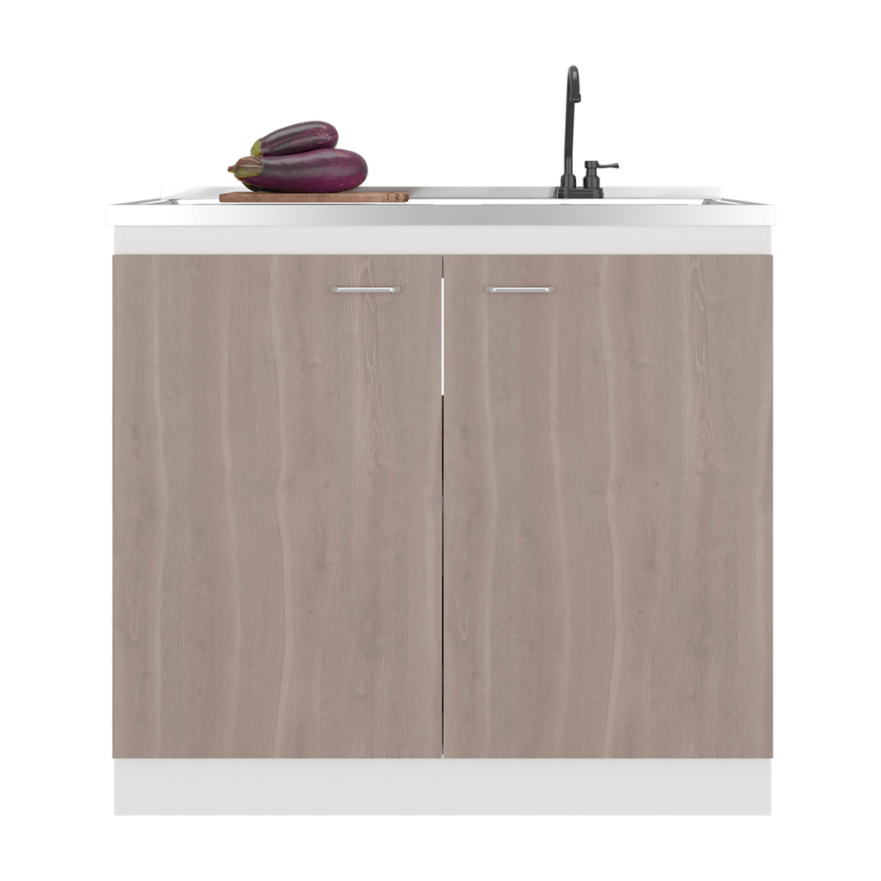 Salento Freestanding Sink, Double Door Cabinet, Two Shelves, White / Ligth Grey