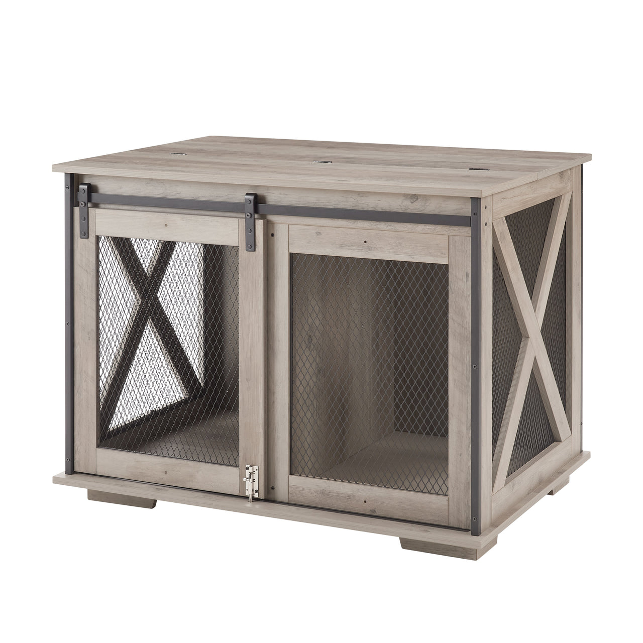 Farmhouse Dog Cage Crate Furniture with Sliding Barn Door,  Farmhouse Wooden Dog Kennel End Table with Flip-top Plate Dog House with Detachable Divider for Small/Medium/Large Dog Gray