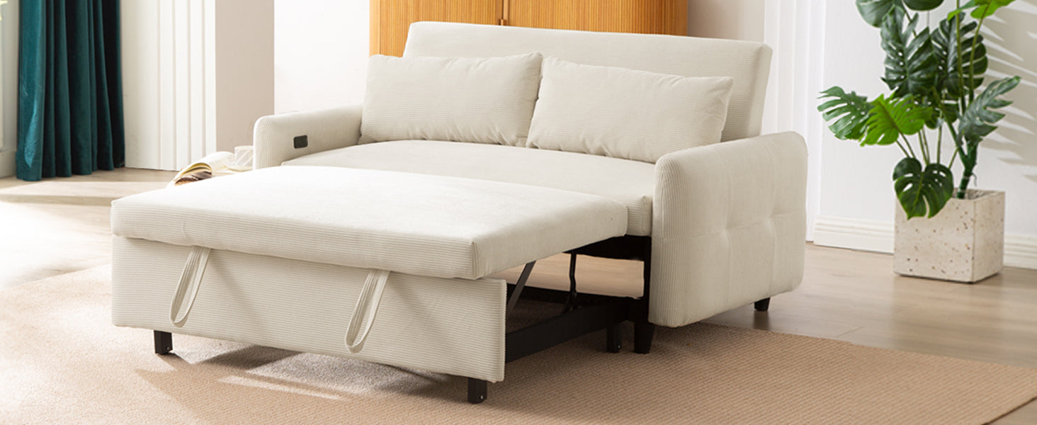 Modern Convertible Pull-out Sofa Bed with USB Ports and Pillows, Beige Corduroy, 57.48 inches