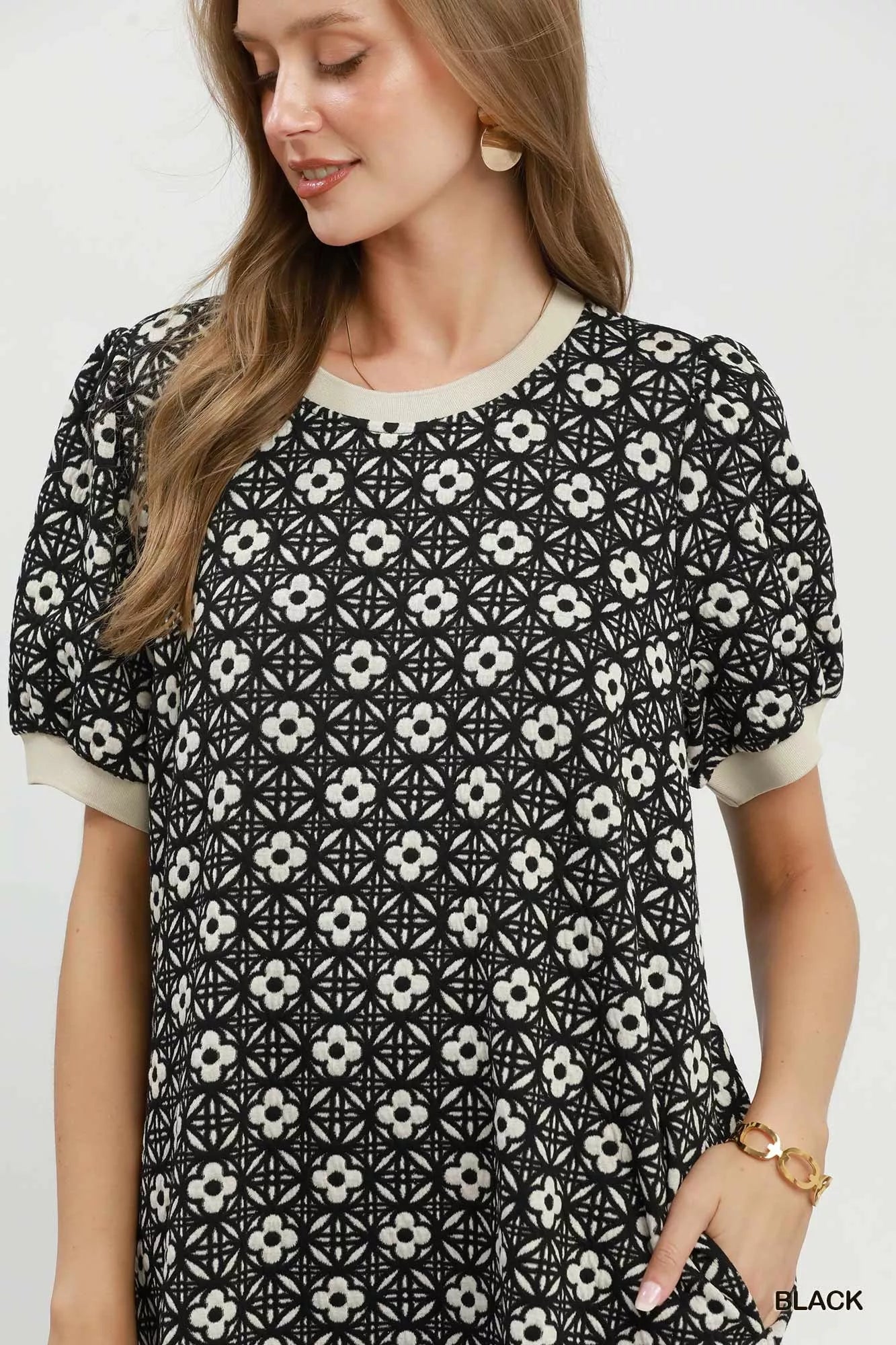 Umgee Floral Textured Puff Sleeve Mini Dress