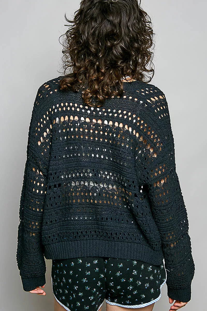 POL Open-Knit Floral Button Cardigan