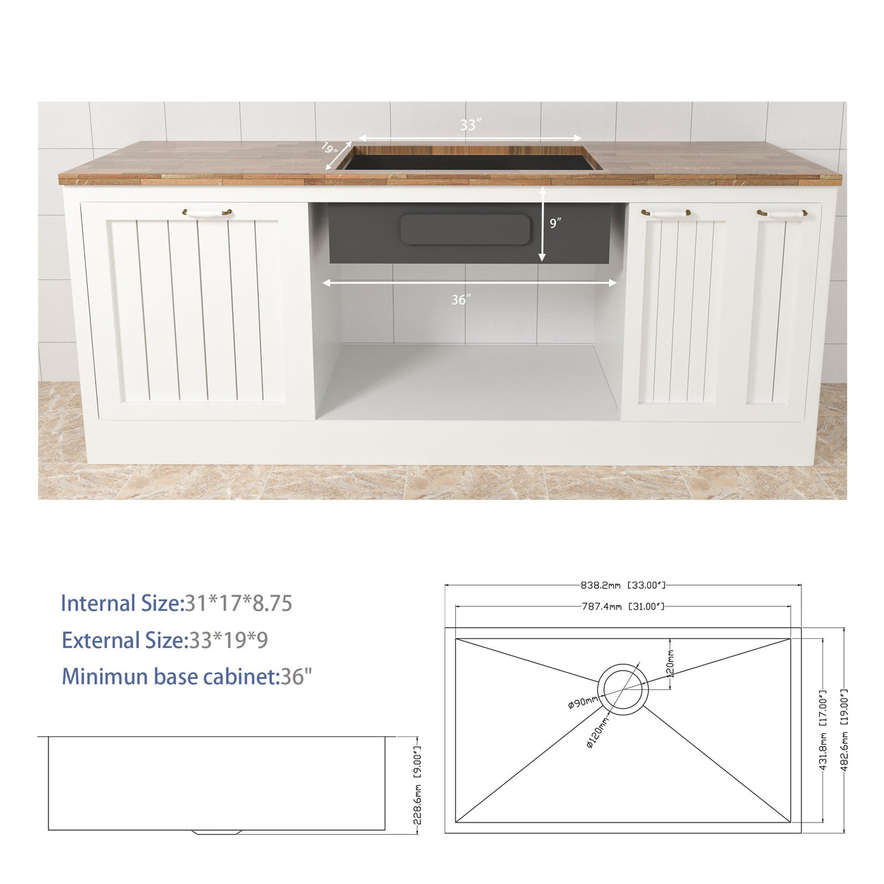 Modern Brushed Nickel 33 Inch Undermount Stainless Steel Kitchen Sink 16 Gauge, 9 Inch Deep Single Bowl