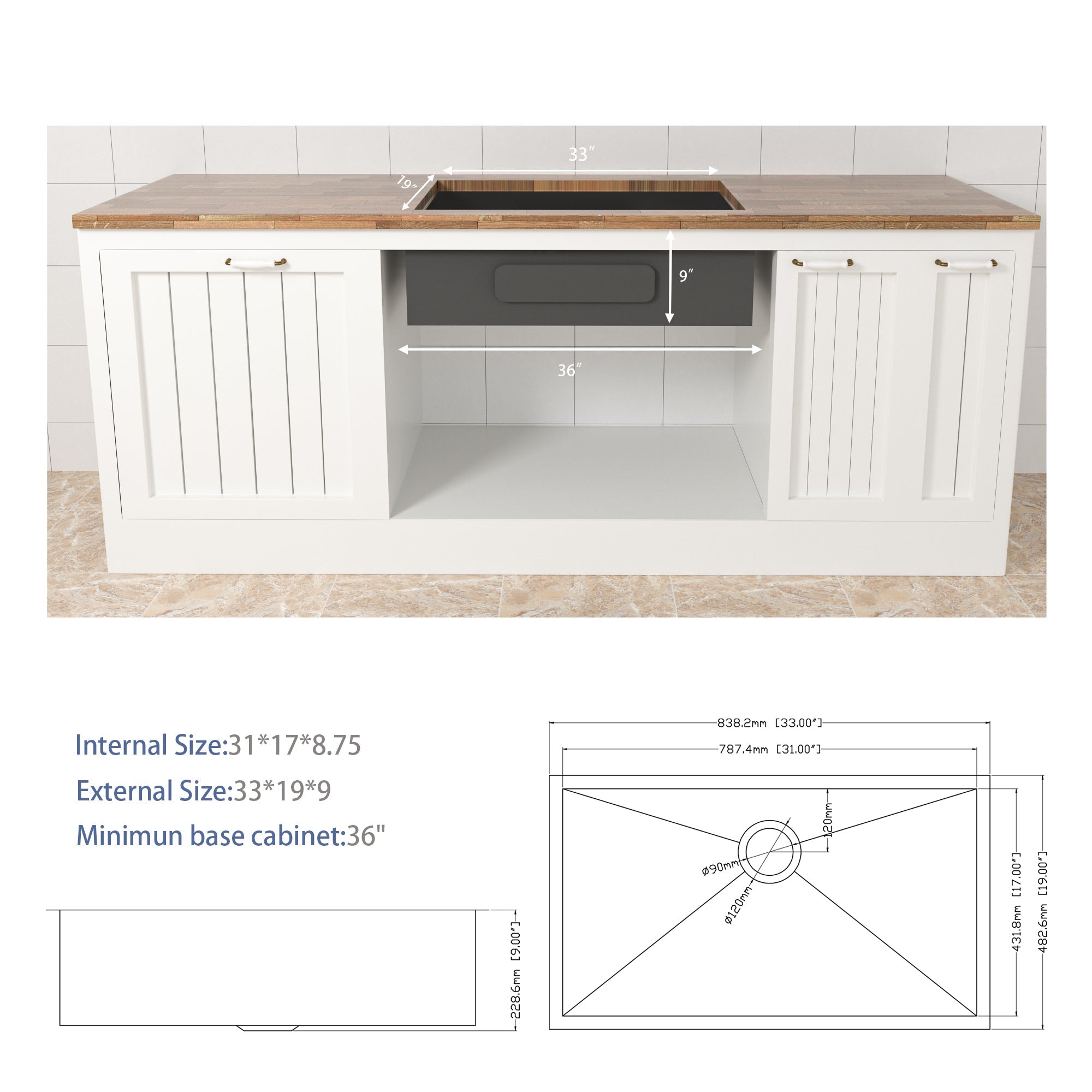 Modern Brushed Nickel 33 Inch Undermount Stainless Steel Kitchen Sink 16 Gauge, 9 Inch Deep Single Bowl