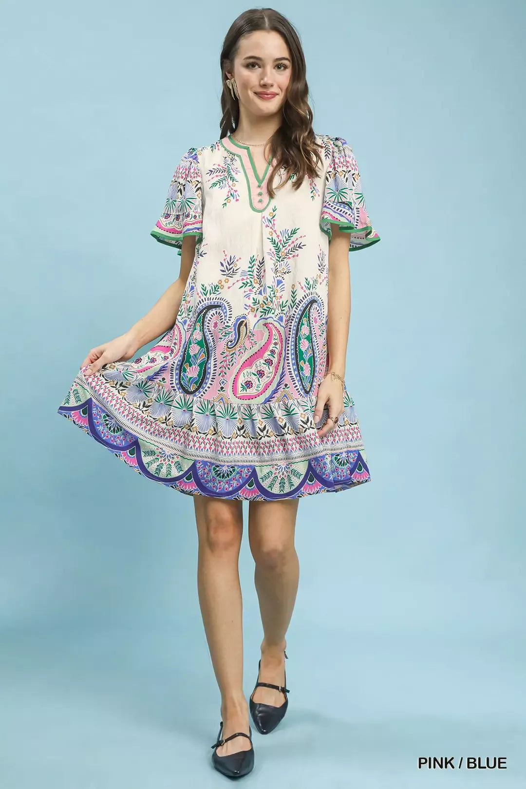 Umgee Paisley Flutter Sleeve Mini Dress