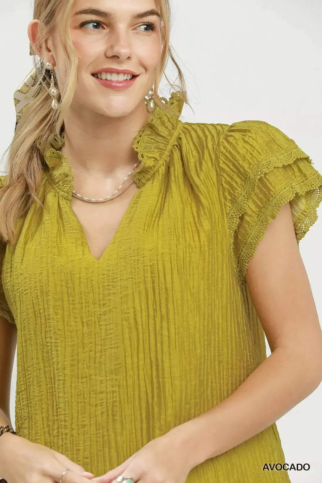 Umgee Lace Trim Ruffle Top