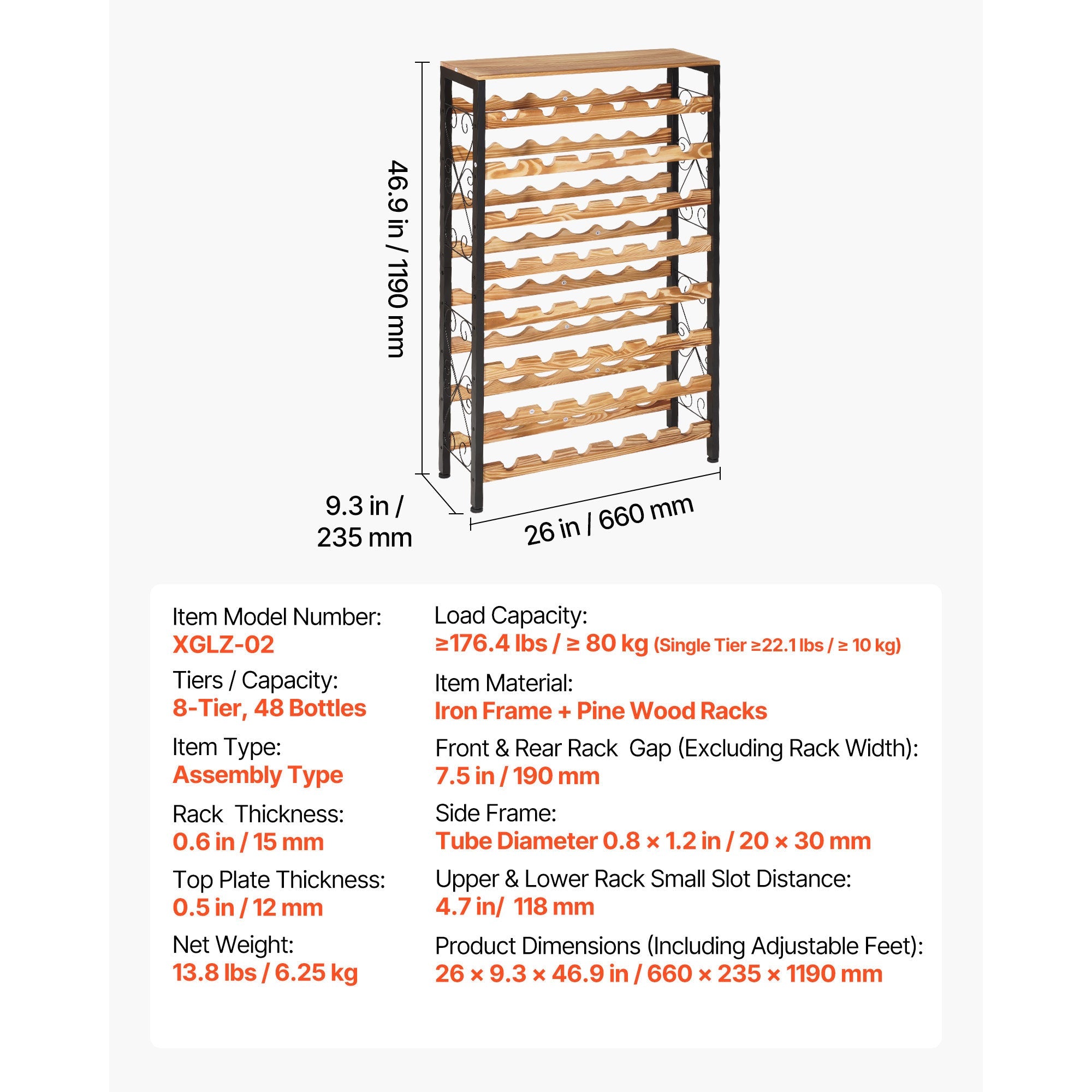 48 Bottle Wine Rack,8-Tier Wine Bottle Holder,Freestanding Floor Display Wine Storage Shelves with Wood Table Top,For Kitchen Pantry, Cellar, Bar, Dining Room, Living Room, Black