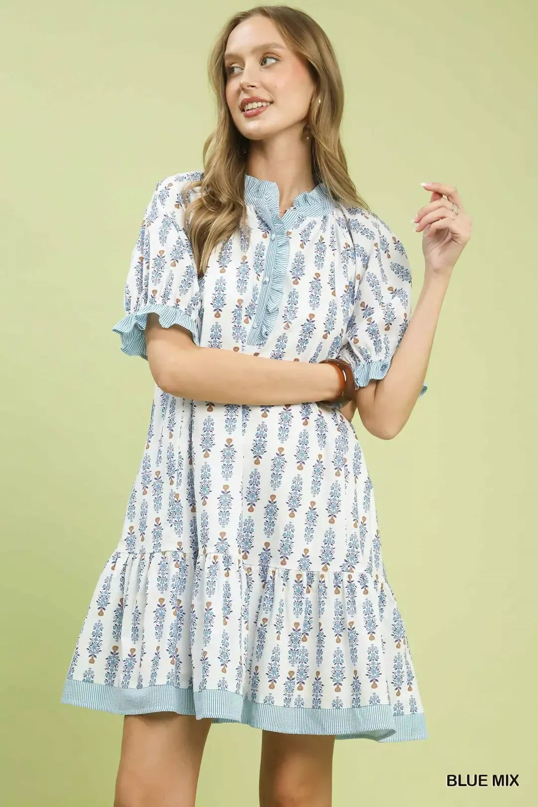 Umgee Striped Trim Floral Tiered Mini Dress